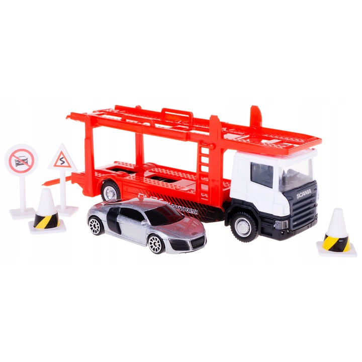 Scania P-sorozatú szállító kamion szett Audi R8-cal, Méretarány 1:64, Többszínű, Csomagolási méretek 17,8x5x7,6 cm