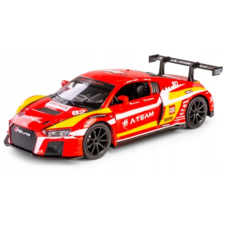 Fém autómodell Audi R8 LMS, piros, 1:32, nyitható ajtók és motorháztető, fények és hangok