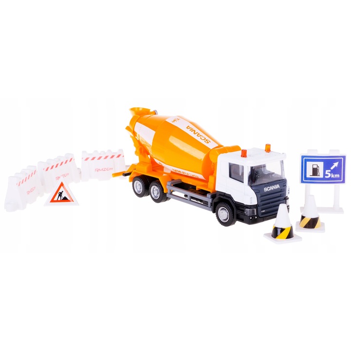 Scania P-sorozatú 1:64 betonkeverő teherautó kiegészítőkkel, fém, forgatható, 14,6x4x5,8 cm