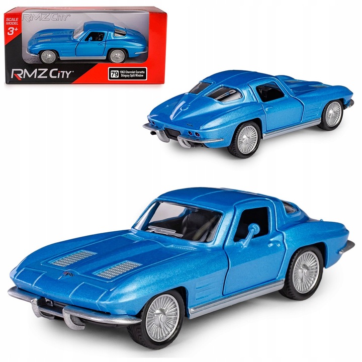 Játékszer Chevrolet Corvette Stingray Split Window 1963, RMZ City, 1:35, kék, fém, nyitható ajtókkal