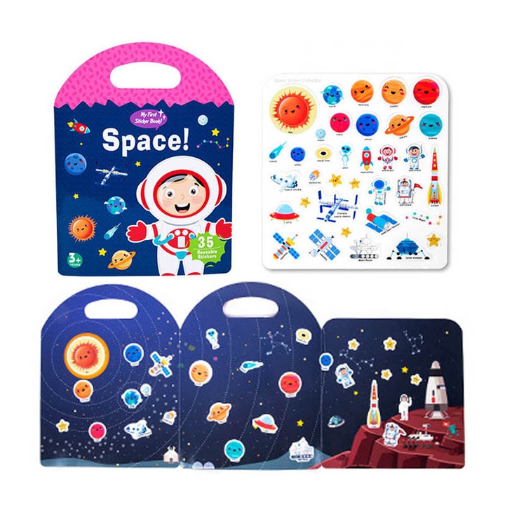 Carte cu Autocolante reutilizabile "Spatiu" – My First Sticker Book, 35 stickere, portabila, +3 ani