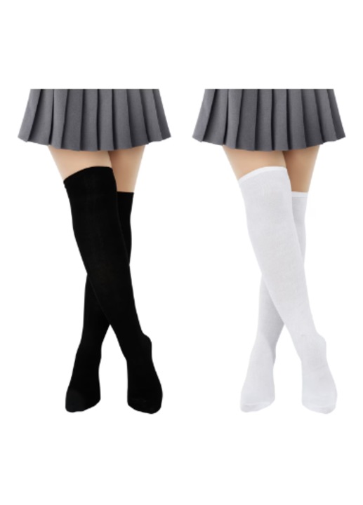 Set 2 perechi Sosete dama lungi peste genunchi, ADAIVIUME, Poliester, Negru/Alb, one size