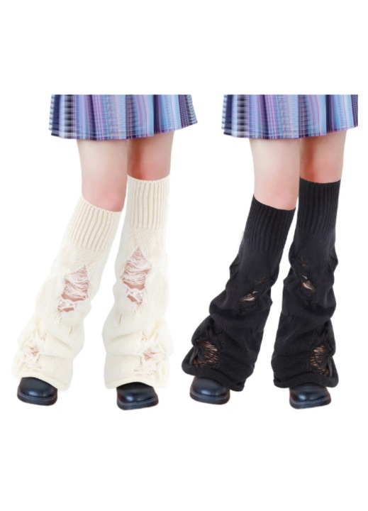 Дамски гети, ADAIVIUME, 2 чифта, плетени, разкъсани, универсален размер, бял и черен