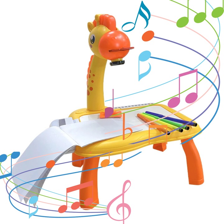 Jucarie Set Creativ cu Muzica si Masa pentru Desen Copii, cu Videoproiector Inclus - Model Girafa, 32 imagini, lumina LED, Discuri Rotative, Carioci, Caiet de Desen si Burete de Sters Incluse