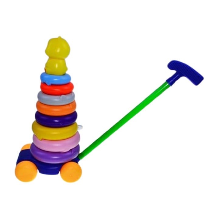 Jucarie educativa, 2 in 1, ratusca de impins si cu 8 cercuri de stivuit, 35 x 17 cm, Mini Junior RI2011M, Multicolor