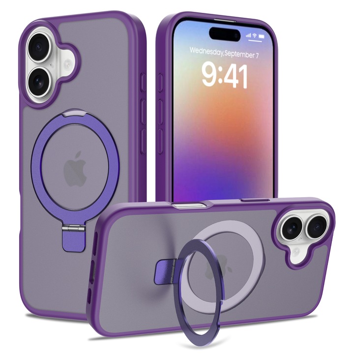 Védőtok iPhone 17-hez, Omelivon, MagSafe, Gyűrűtartó, Megemelt élek a képernyővédelemért, Ütésálló, Puha TPU + Kemény PC, Félig átlátszó hátlap, Sötétlila