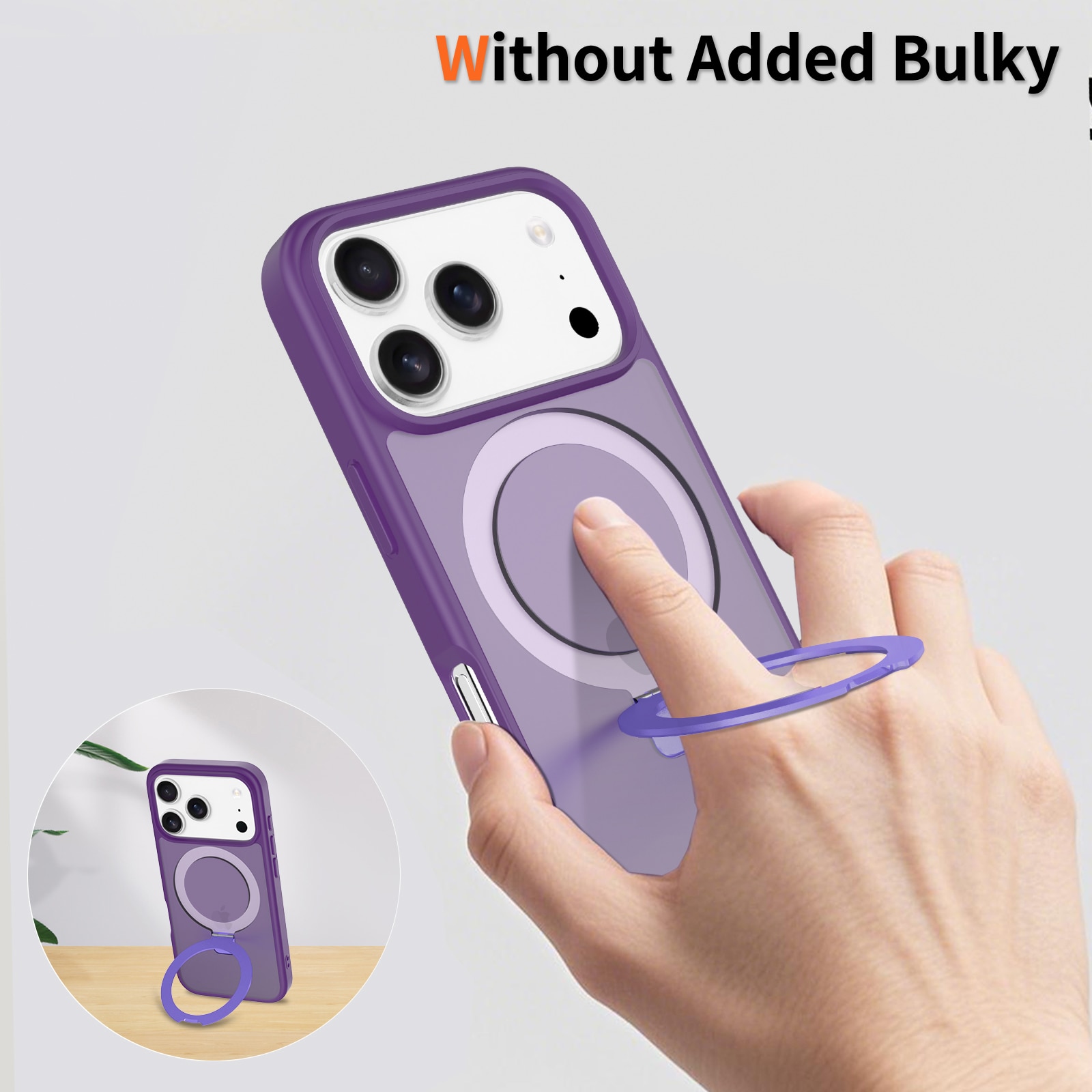 Husa de protectie pentru iPhone 17 Pro, Omelivon, MagSafe, Suport pentru inel, Margini ridicate pentru protectia ecranului, Anti-Soc, TPU Moale + PC Dur, Spate Semitransparent, Violet inchis
