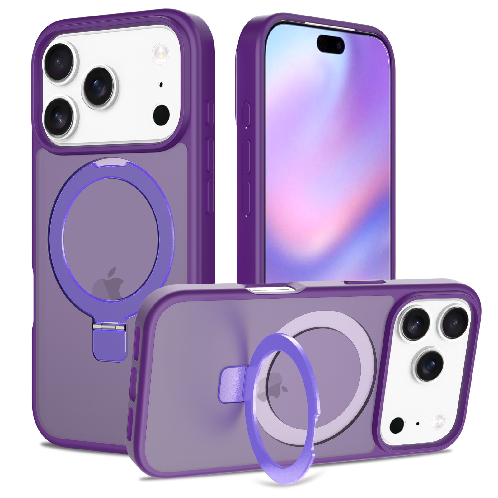Husa de protectie pentru iPhone 17 Pro, Omelivon, MagSafe, Suport pentru inel, Margini ridicate pentru protectia ecranului, Anti-Soc, TPU Moale + PC Dur, Spate Semitransparent, Violet inchis