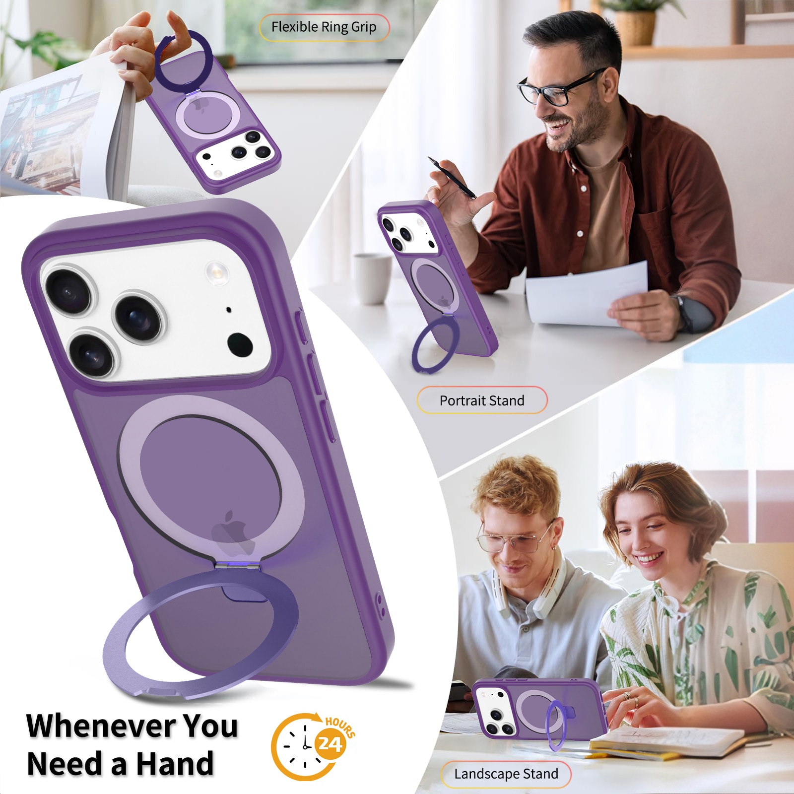 Husa de protectie pentru iPhone 17 Pro, Omelivon, MagSafe, Suport pentru inel, Margini ridicate pentru protectia ecranului, Anti-Soc, TPU Moale + PC Dur, Spate Semitransparent, Violet inchis