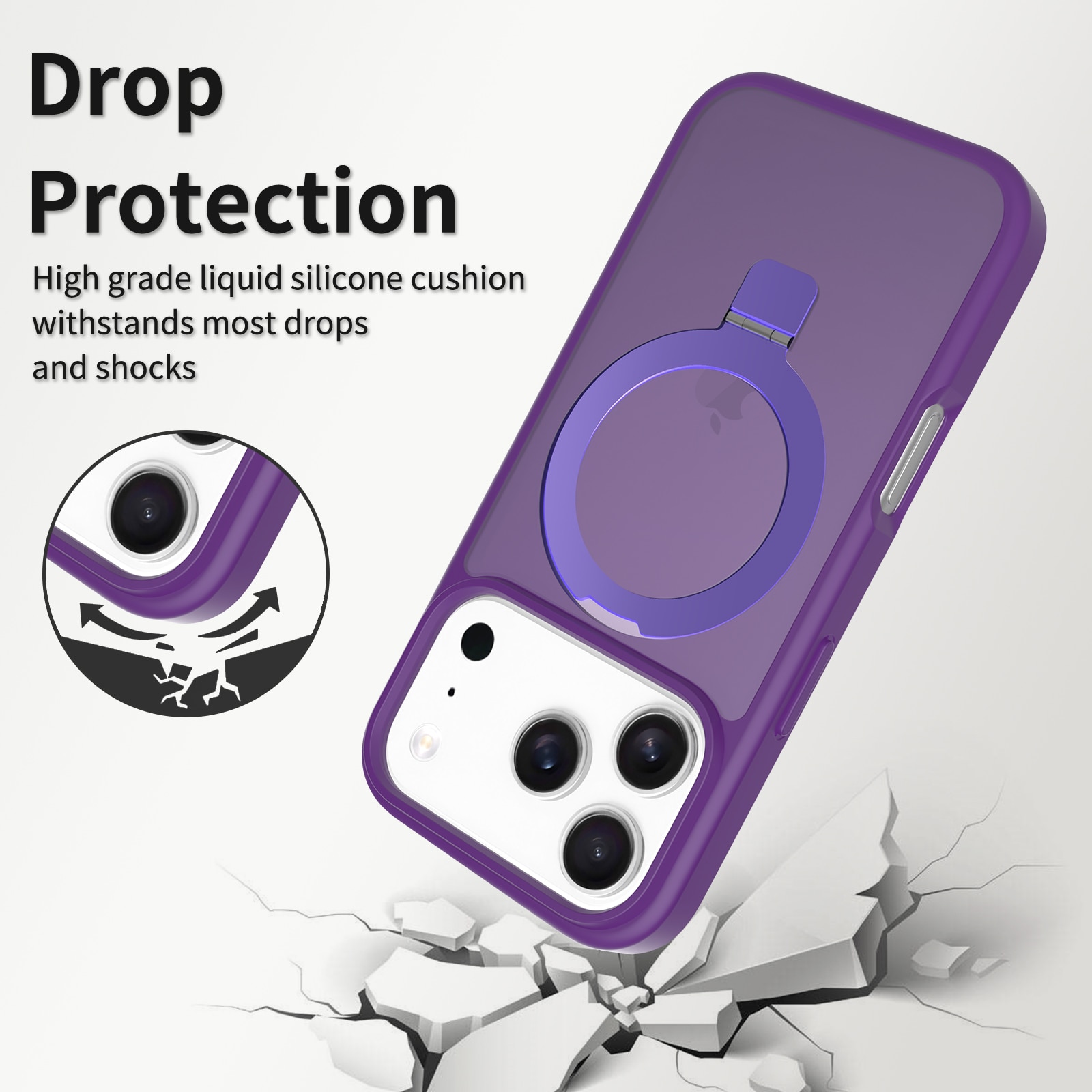 Husa de protectie pentru iPhone 17 Pro, Omelivon, MagSafe, Suport pentru inel, Margini ridicate pentru protectia ecranului, Anti-Soc, TPU Moale + PC Dur, Spate Semitransparent, Violet inchis