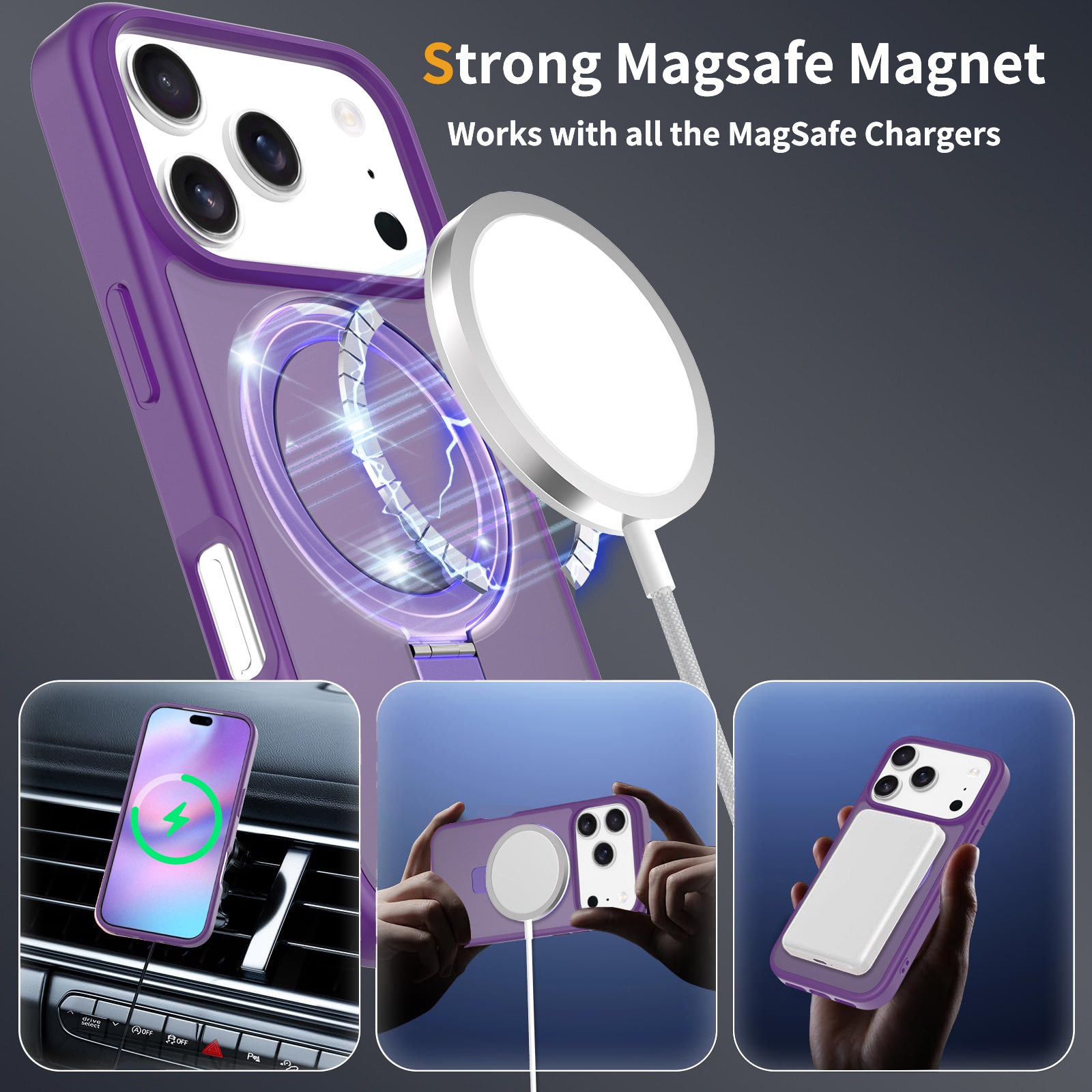 Husa de protectie pentru iPhone 17 Pro, Omelivon, MagSafe, Suport pentru inel, Margini ridicate pentru protectia ecranului, Anti-Soc, TPU Moale + PC Dur, Spate Semitransparent, Violet inchis