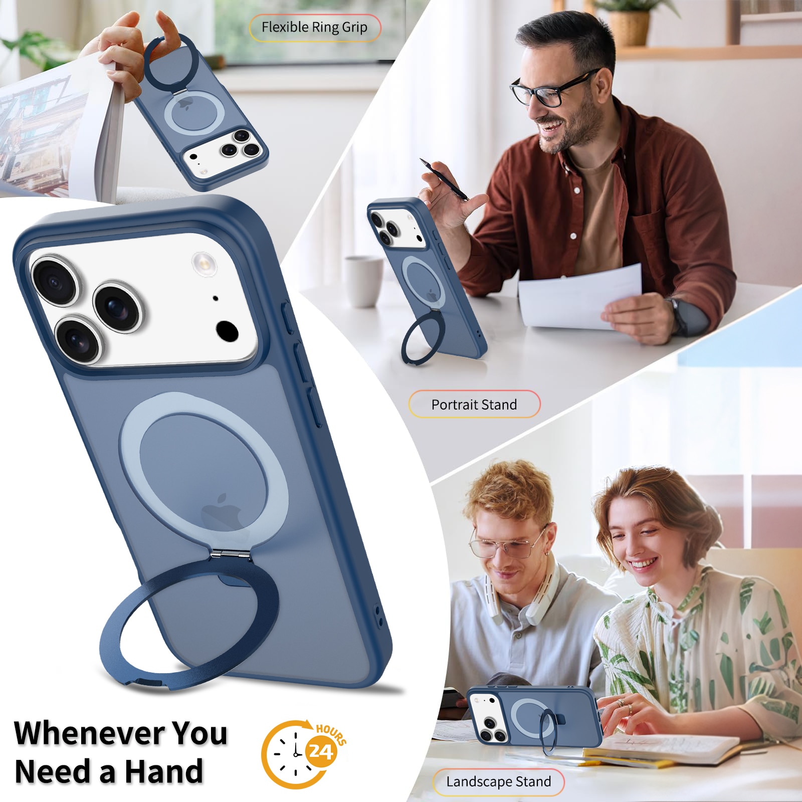 Husa de protectie pentru iPhone 17 Pro Max, Omelivon, MagSafe, Suport pentru inel, Margini ridicate pentru protectia ecranului, Anti-Soc, TPU Moale + PC Dur, Spate Semitransparent, Albastru