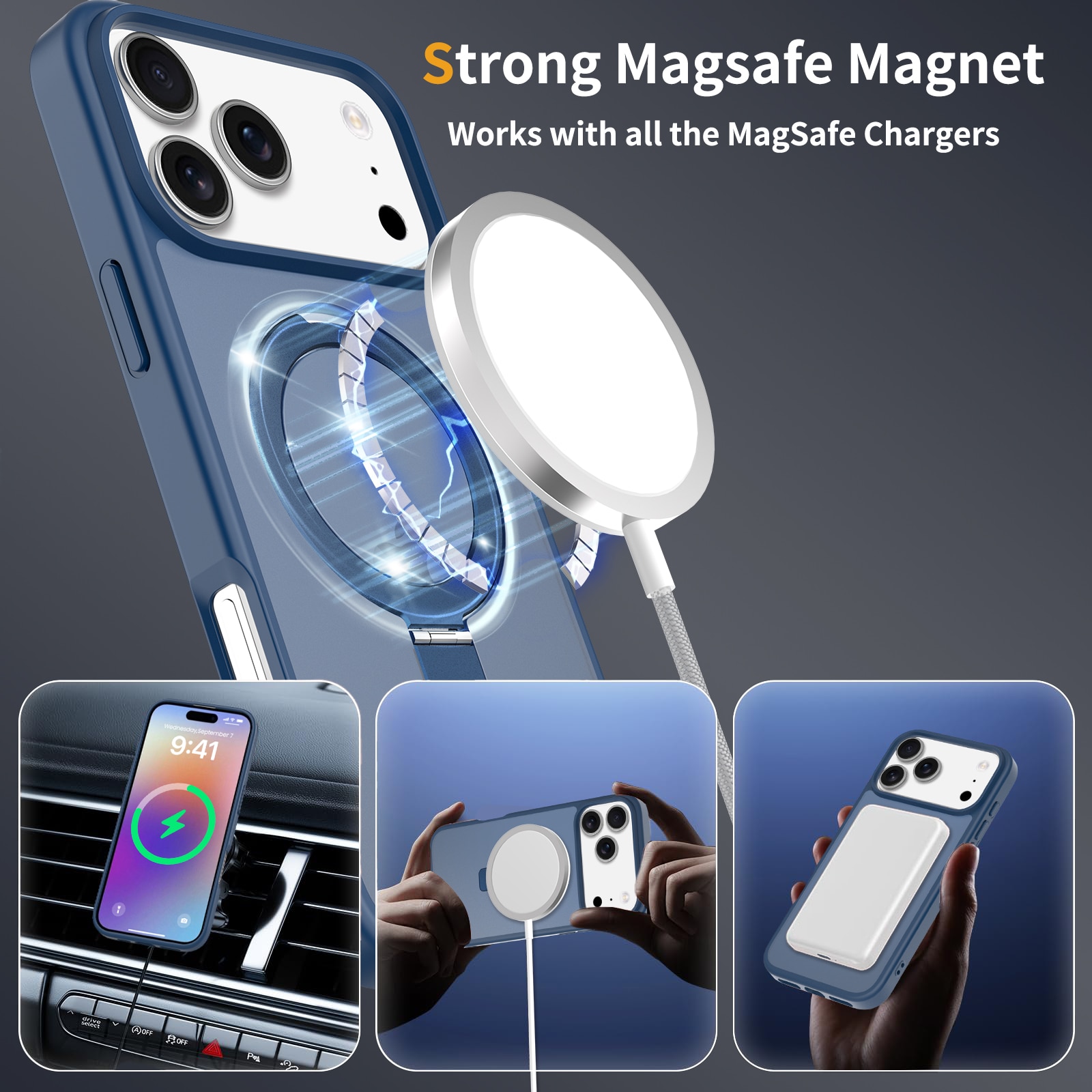 Husa de protectie pentru iPhone 17 Pro Max, Omelivon, MagSafe, Suport pentru inel, Margini ridicate pentru protectia ecranului, Anti-Soc, TPU Moale + PC Dur, Spate Semitransparent, Albastru