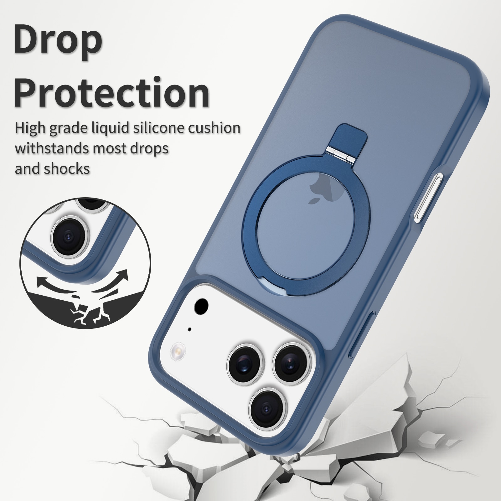 Husa de protectie pentru iPhone 17 Pro Max, Omelivon, MagSafe, Suport pentru inel, Margini ridicate pentru protectia ecranului, Anti-Soc, TPU Moale + PC Dur, Spate Semitransparent, Albastru