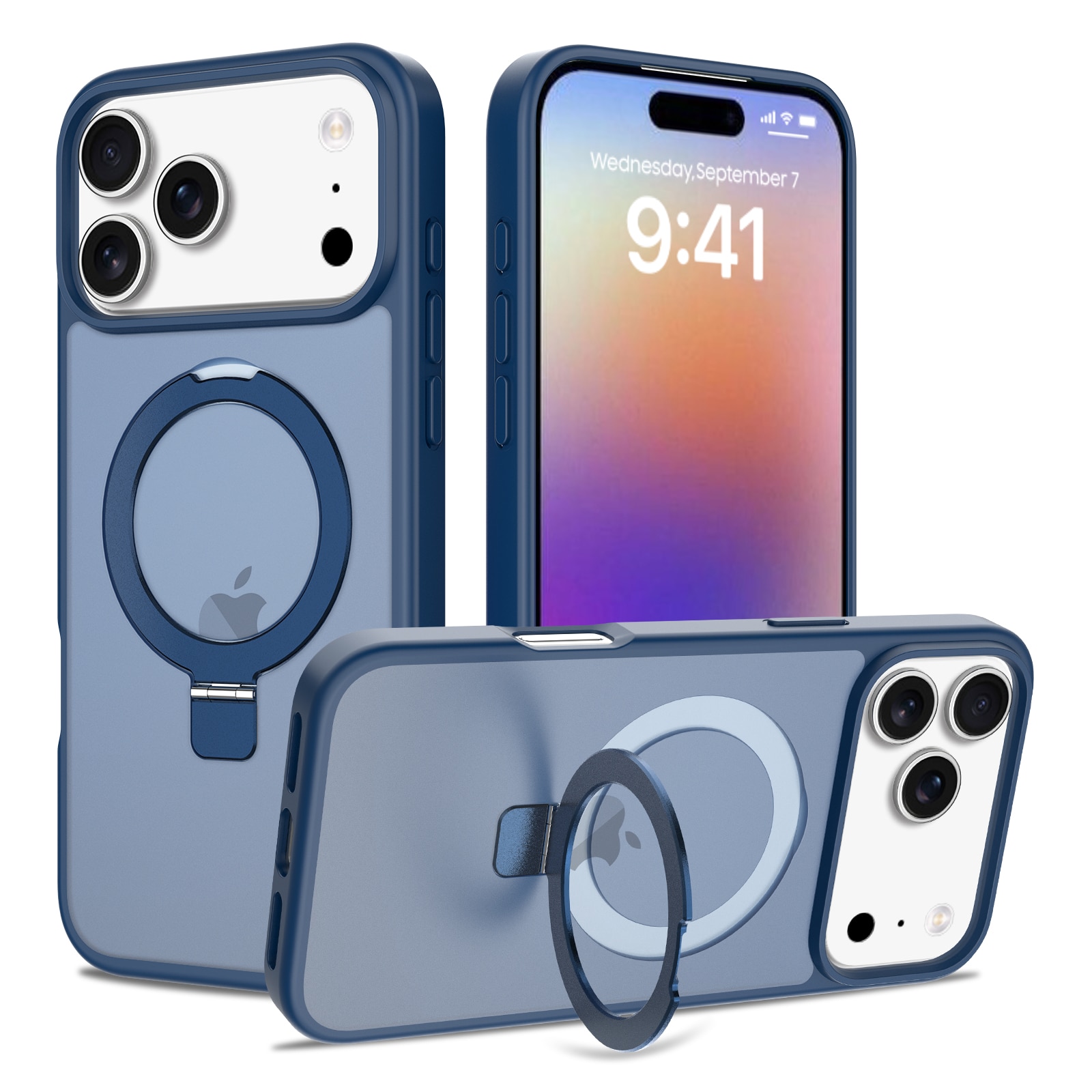 Husa de protectie pentru iPhone 17 Pro Max, Omelivon, MagSafe, Suport pentru inel, Margini ridicate pentru protectia ecranului, Anti-Soc, TPU Moale + PC Dur, Spate Semitransparent, Albastru