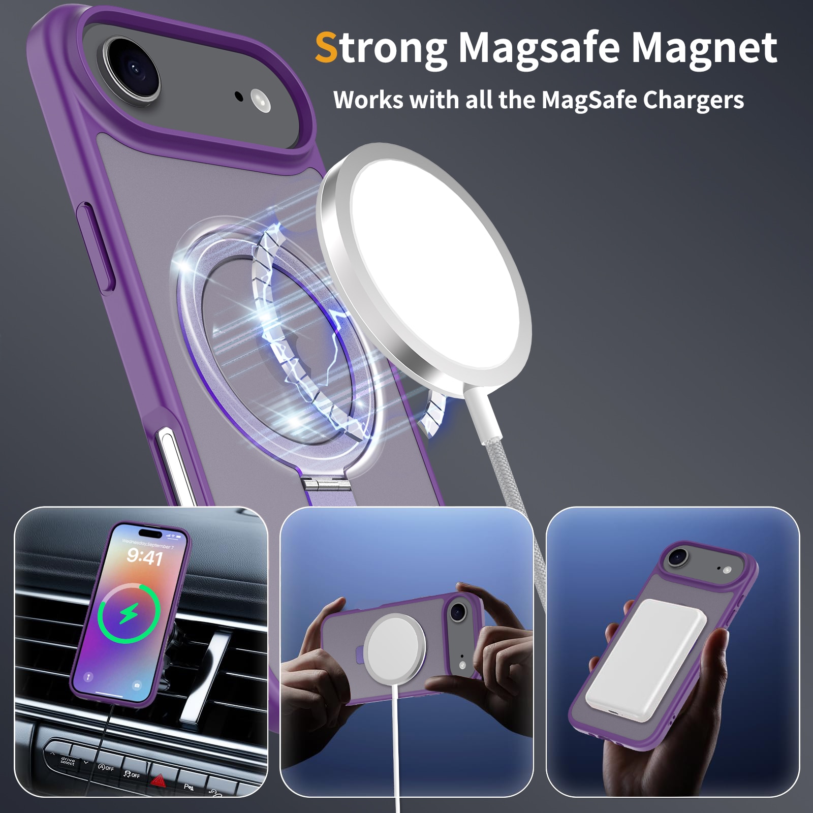 Husa de protectie pentru iPhone 17 Air, Omelivon, MagSafe, Suport pentru inel, Margini ridicate pentru protectia ecranului, Anti-Soc, TPU Moale + PC Dur, Spate Semitransparent, Violet inchis