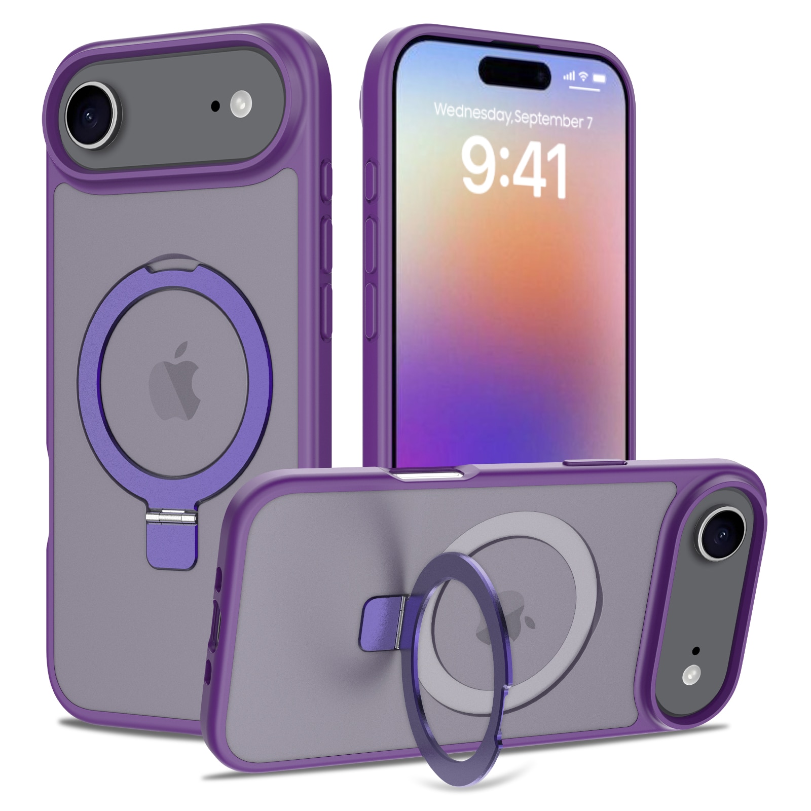 Husa de protectie pentru iPhone 17 Air, Omelivon, MagSafe, Suport pentru inel, Margini ridicate pentru protectia ecranului, Anti-Soc, TPU Moale + PC Dur, Spate Semitransparent, Violet inchis
