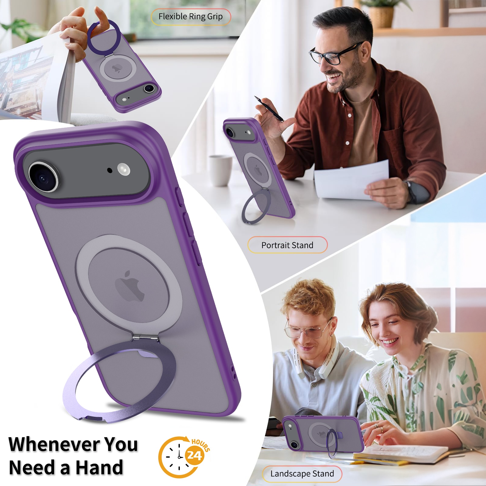 Husa de protectie pentru iPhone 17 Air, Omelivon, MagSafe, Suport pentru inel, Margini ridicate pentru protectia ecranului, Anti-Soc, TPU Moale + PC Dur, Spate Semitransparent, Violet inchis