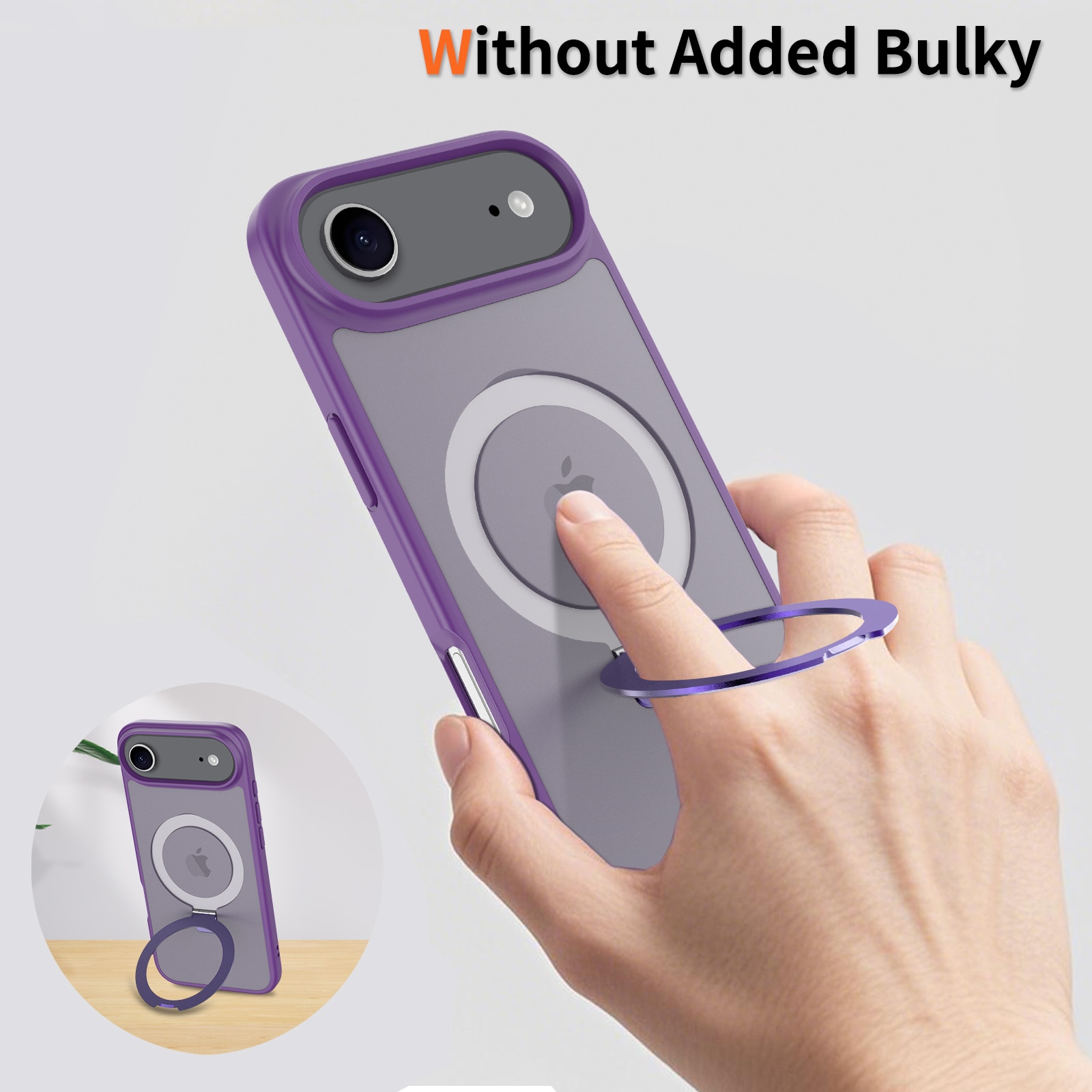 Husa de protectie pentru iPhone 17 Air, Omelivon, MagSafe, Suport pentru inel, Margini ridicate pentru protectia ecranului, Anti-Soc, TPU Moale + PC Dur, Spate Semitransparent, Violet inchis