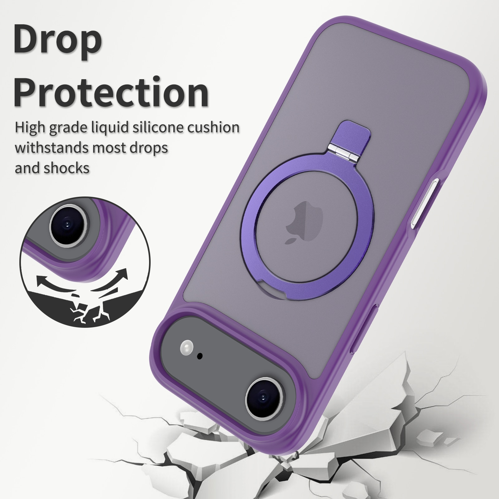 Husa de protectie pentru iPhone 17 Air, Omelivon, MagSafe, Suport pentru inel, Margini ridicate pentru protectia ecranului, Anti-Soc, TPU Moale + PC Dur, Spate Semitransparent, Violet inchis