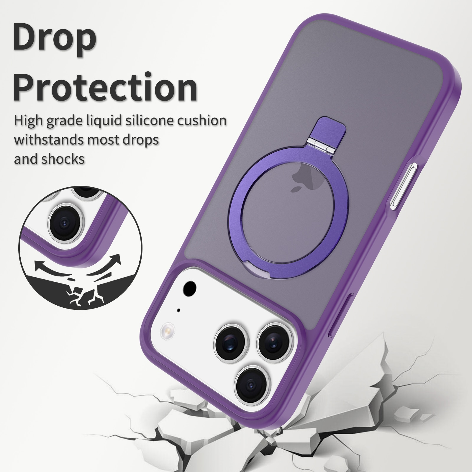 Husa de protectie pentru iPhone 17 Pro Max, Omelivon, MagSafe, Suport pentru inel, Margini ridicate pentru protectia ecranului, Anti-Soc, TPU Moale + PC Dur, Spate Semitransparent, Violet inchis