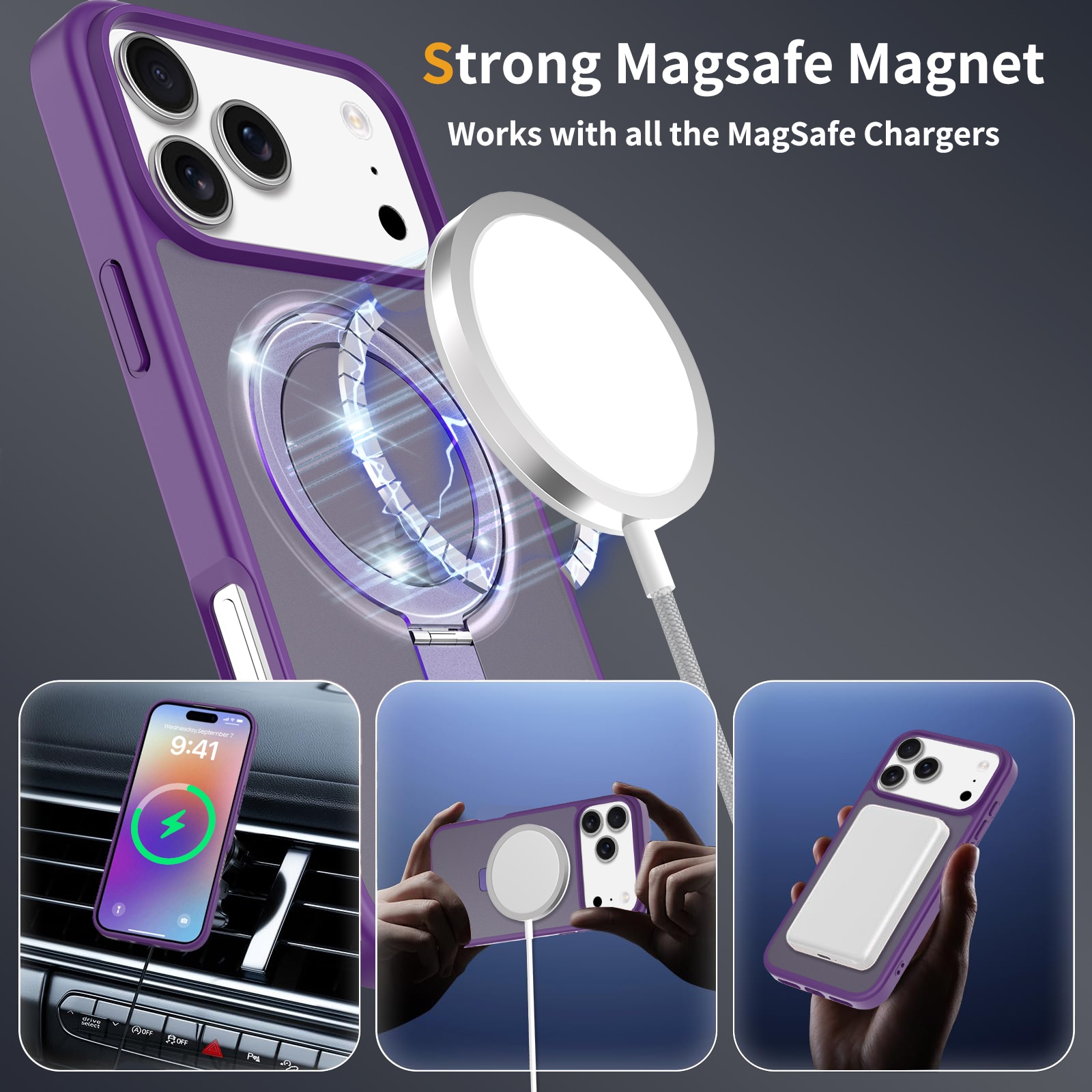 Husa de protectie pentru iPhone 17 Pro Max, Omelivon, MagSafe, Suport pentru inel, Margini ridicate pentru protectia ecranului, Anti-Soc, TPU Moale + PC Dur, Spate Semitransparent, Violet inchis