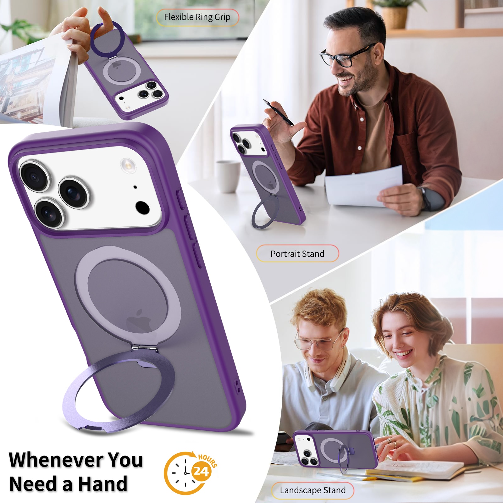 Husa de protectie pentru iPhone 17 Pro Max, Omelivon, MagSafe, Suport pentru inel, Margini ridicate pentru protectia ecranului, Anti-Soc, TPU Moale + PC Dur, Spate Semitransparent, Violet inchis