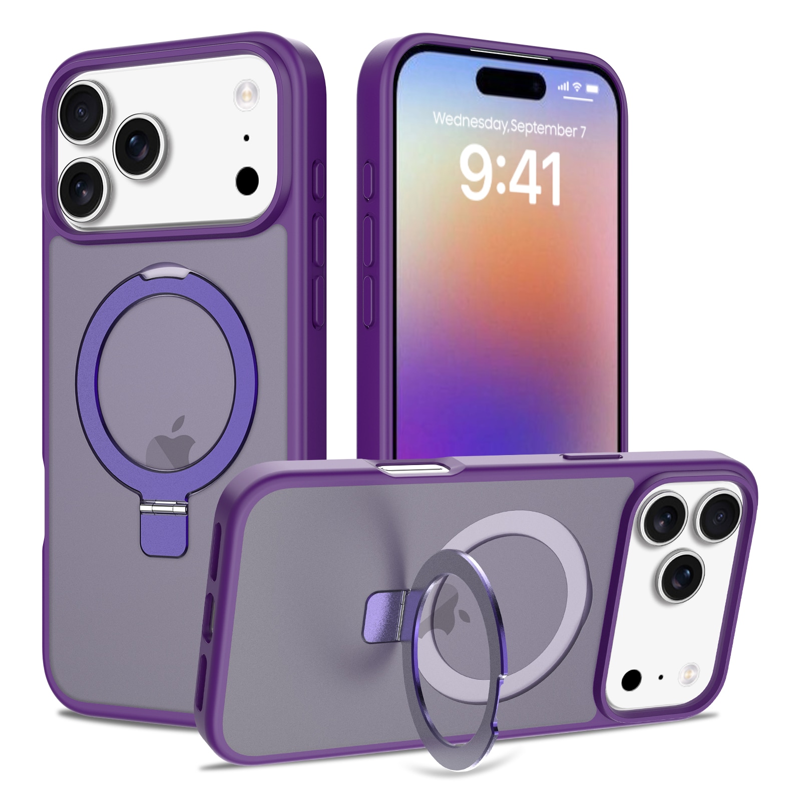 Husa de protectie pentru iPhone 17 Pro Max, Omelivon, MagSafe, Suport pentru inel, Margini ridicate pentru protectia ecranului, Anti-Soc, TPU Moale + PC Dur, Spate Semitransparent, Violet inchis