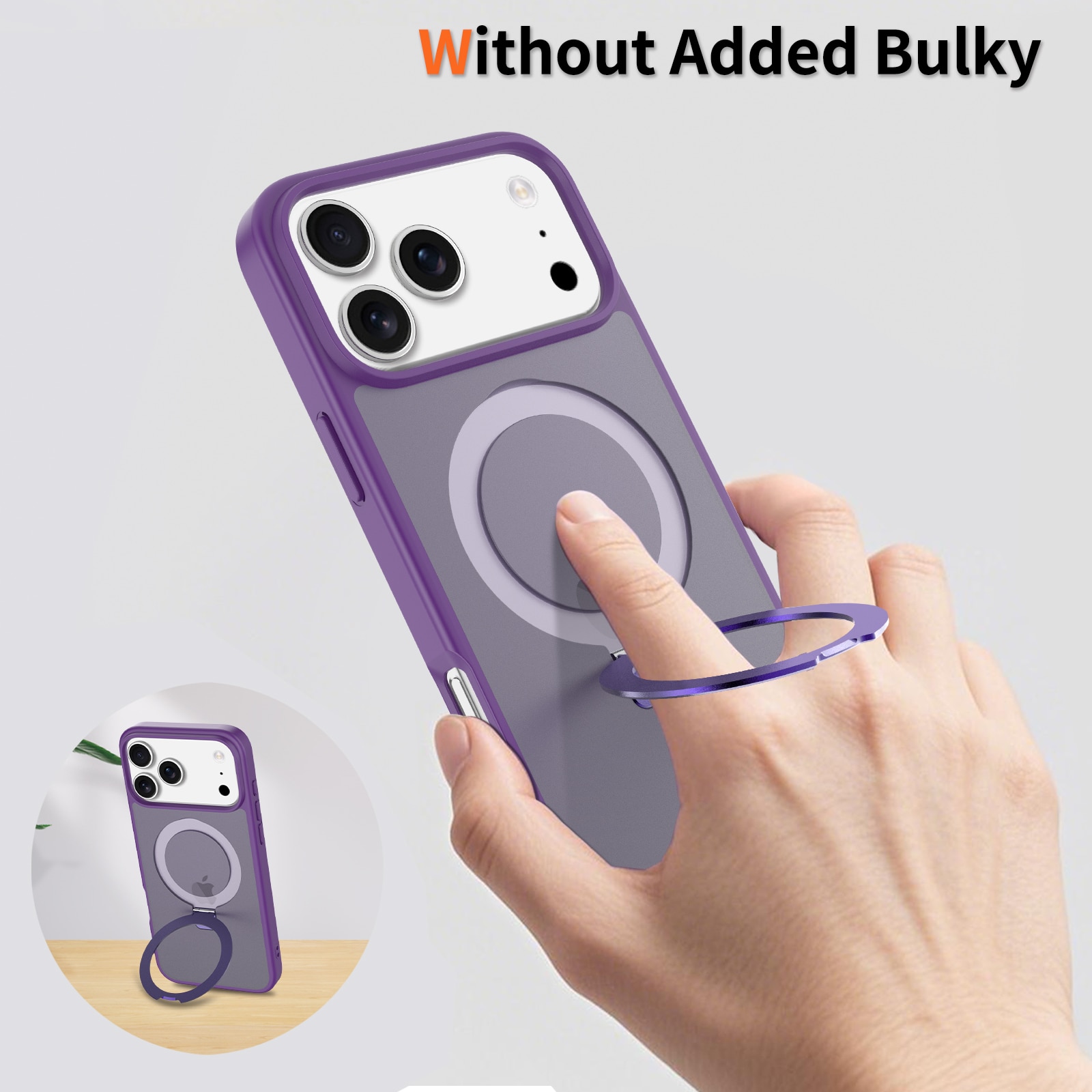 Husa de protectie pentru iPhone 17 Pro Max, Omelivon, MagSafe, Suport pentru inel, Margini ridicate pentru protectia ecranului, Anti-Soc, TPU Moale + PC Dur, Spate Semitransparent, Violet inchis