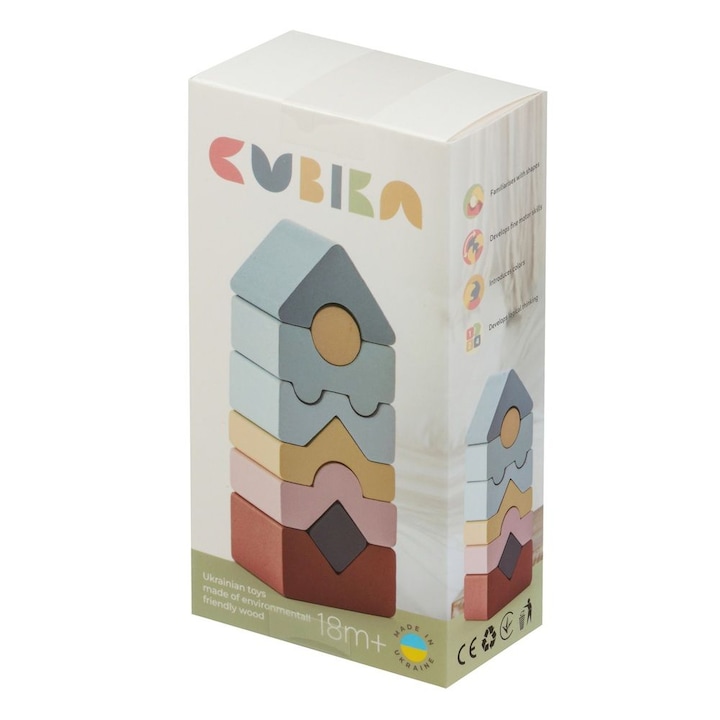 Jucarie Din Lemn Cubika, 18 Luni+, Set Constructii Turn 8 Piese - Pastel