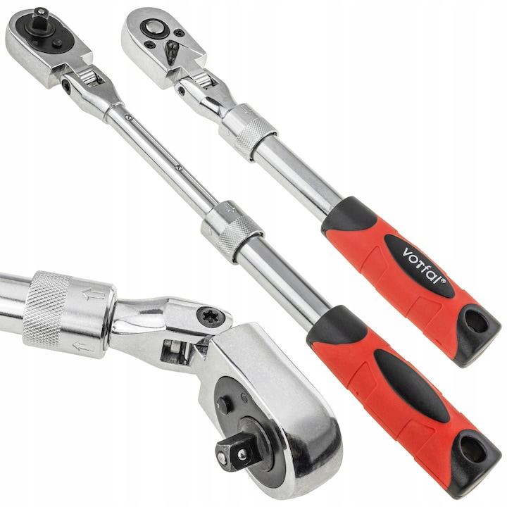 Cheie cu clichet Vorfal, cricheta telescopică articulată 1/4", lungime 150-200mm, 72 dinți, cromată
