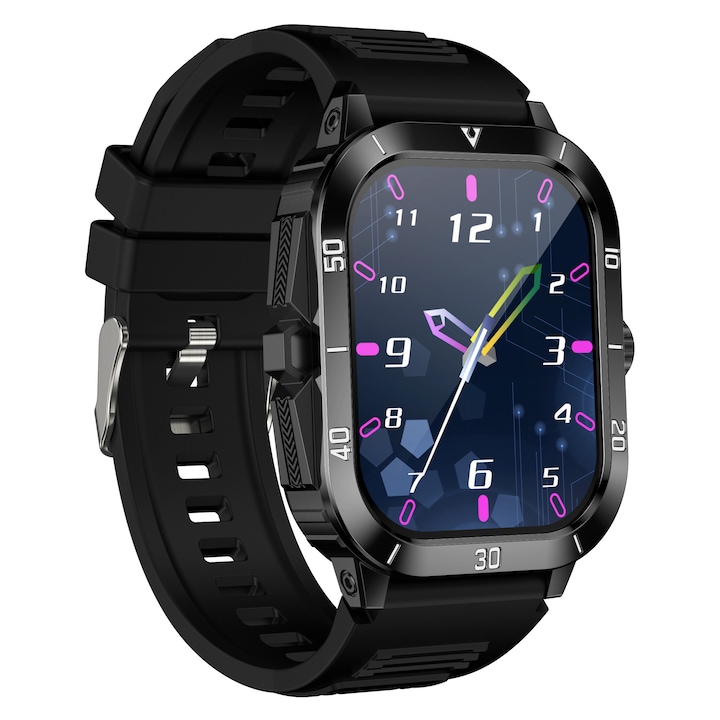 Okosóra SmartWatch, Lépésszámláló, Bluetooth hívás, 5-10 napos üzemidő, Vízálló, Közösségi média értesítések, Alvásfigyelés, Pulzusmérő, Kalóriaszámláló, HD 2.01 hüvelykes érintőképernyő, Sportmódok, Vezeték nélküli töltő, Fitness Tracker, Fekete