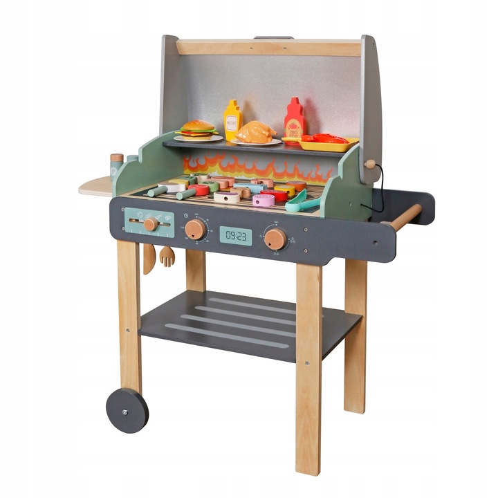 Grill din lemn pentru copii Meteor, gri, 3 ani+, cu accesorii, pe roti