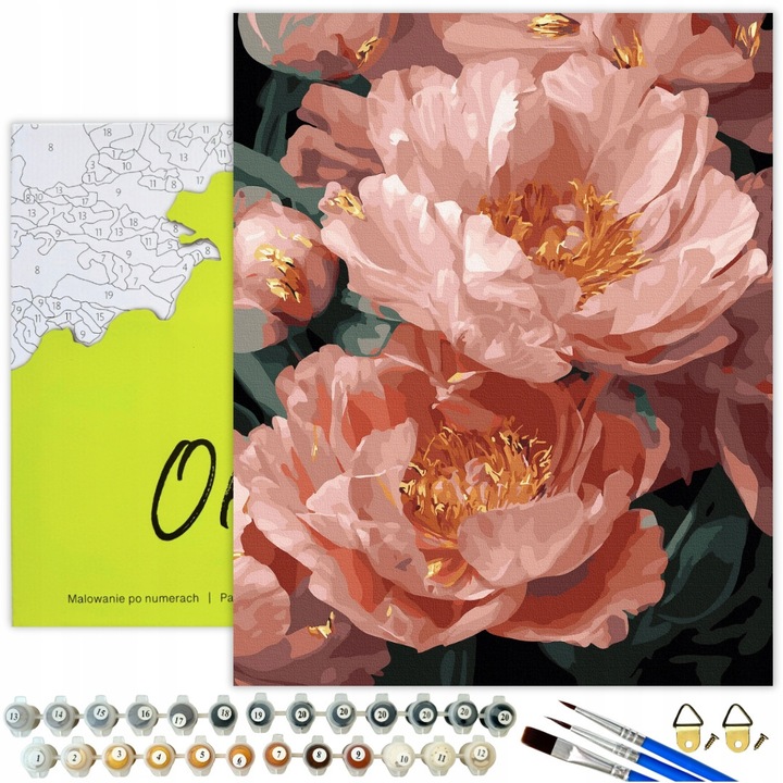 Set de pictura pe numere "Farmecul bujorului" - Tabloi cu cadru 50x40 cm, 28 culori acrilice, nivel dificultate 4/5, inclusiv pensule, instructiuni si suport pentru expunere Oh Art!®