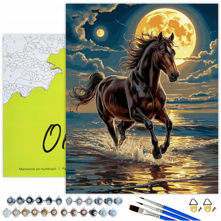 Комплект за рисуване по номера "Коне и Луна" с рамка, 50x40 см - Творческа дейност за всички възрасти, пълен комплект с акрилни бои, четки и подробни инструкции Oh Art!®