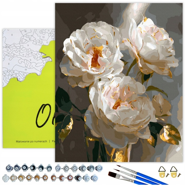 Комплект за рисуване по номера с рамка 40x50 см "Елегантни божури" - пълен комплект за начинаещи и ентусиасти, с 32 акрилни цвята, памучно платно, четки и инструкции Oh Art!®