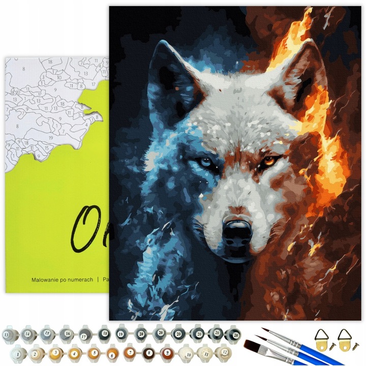 Set de Pictura prin Numere "Lupul Elementelor" cu Panza Neagra, Bloc de Léda 50x40 cm, 31 Culori Acrilice, Pensule si Instructiuni - Ideal pentru Relaxare si Creativitate Oh Art!®