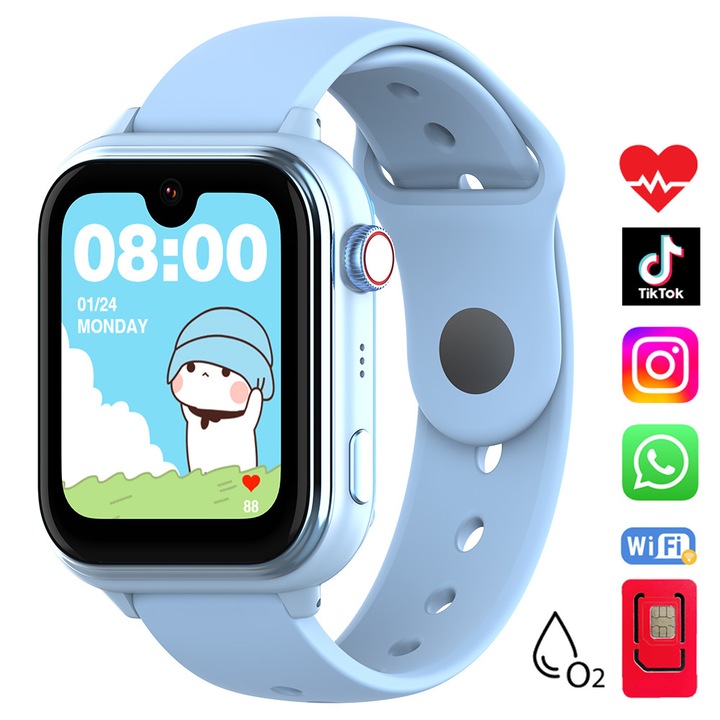 Смарт часовник GPS за деца с локализация и телефон Techone® KT37 Android 8.1, с интегриран AI, син