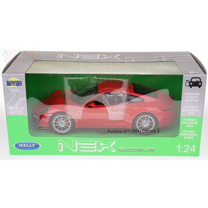 Welly Porsche 911 Carrera S ML41VB8TE17M modellautó, fém, 1:24 méretarány, piros, 18,7 cm, nyitható ajtók és motorháztető, gumiabroncsok