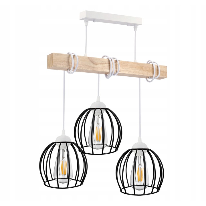 LED függőlámpa, BERGE, Loft stílus, Fehér fa, 3xE27, Modern design