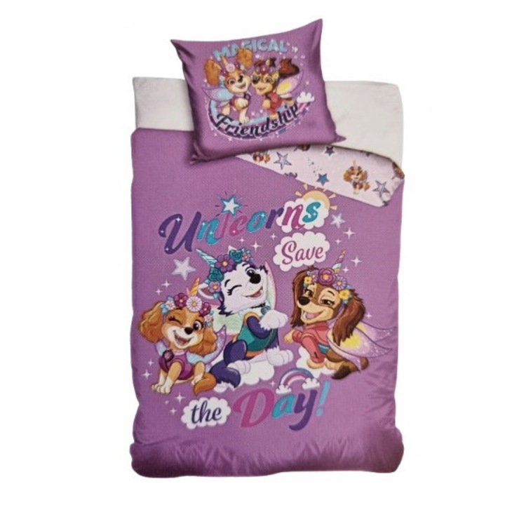 Lenjerie pat copii Carbotex Psi Patrol Sky, bumbac, 160x200cm, roz, include husă pilota și față de perna