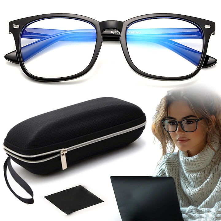 Ochelari protectie calculator, telefon, tableta, pentru gaming, DONFANLIA®, set cu etui si laveta de curatare, antireflex, anti-blue light, fara dioptrii cu lentile transparente, cu Toc Pliabil, unisex, Negru