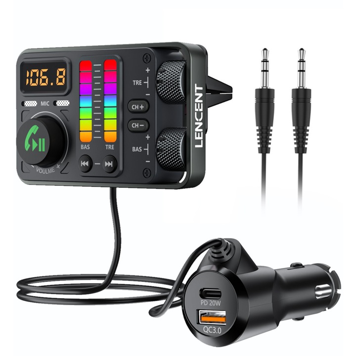 Modulator fm Auto LENCENT®, PD&QC 3.0 Incarcare rapida USB (48W total), Transmitator bluetooth 5.3 cu bas si inalte reglabile, suporta unitati USB, iluminare ambientala colorata, apeluri hands-free, cablu auxiliara 3,5 mm adaptor Bluetooth masina