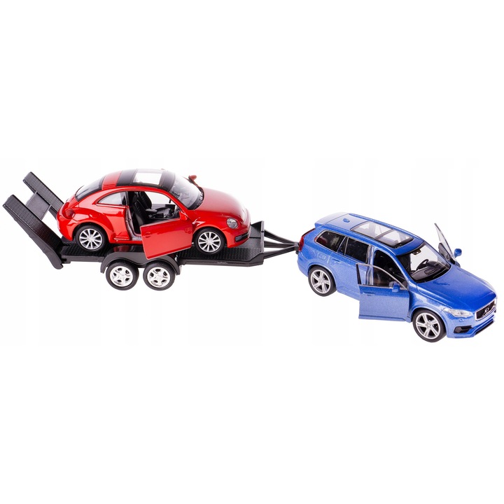 Комплект метални колички Welly, Volvo XC90 и VW Beetle, транспортна платформа, 1:34-39, многоцветни