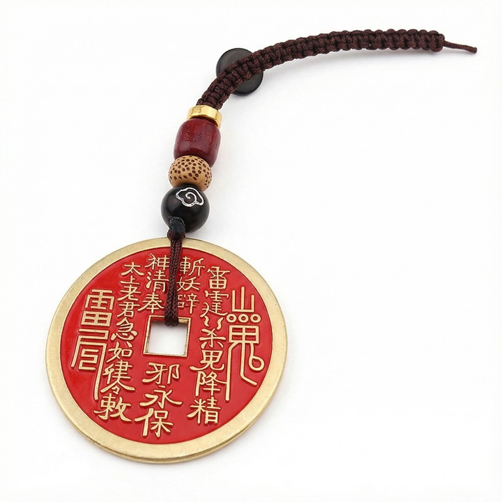 Amuletă Monedă Shan Gui Bagua, Protecție și Echilibru Energetic, Snur Roșu, Metal Antichizat