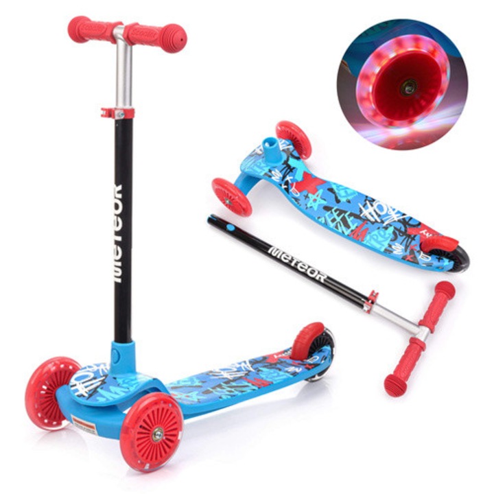 Trotineta Cu Trei Roti, Meteor, Funny, Inaltime Ajustabila A Ghidonului Intre 60-75 cm, Greutate Maxima Utilizator 50 Kg, Material Aluminiu/Pp, Roti Luminoase, 60x17x32 cm, Rosu-Albastru