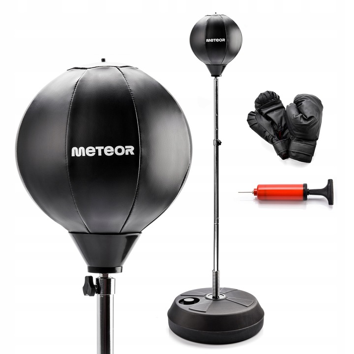Sac de box cu mânuși, Meteor, înălțime reglabilă 125-145cm, construcție rezistentă, negru, 125x145x43cm