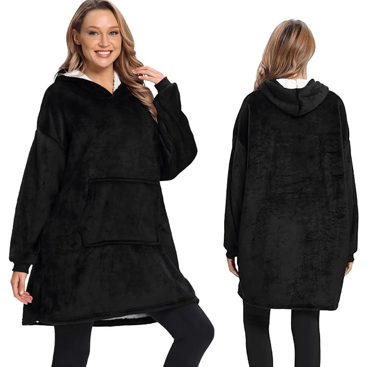 Hanorac tip Patura Oversized si Unisex, Moale si Comoda, Calduroasa, Bluza cu Gluga, Negru