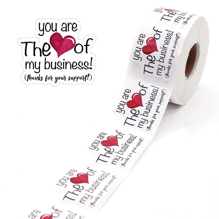 Autocolant „Tu esti inima afacerii mele” cu o inima plina de dragoste pentru a arata aprecierea fata de clienti, 3.5x4 cm, 500 bucati, pentru brutarii, mici corporatii, magazine, surpriza pentru clienti
