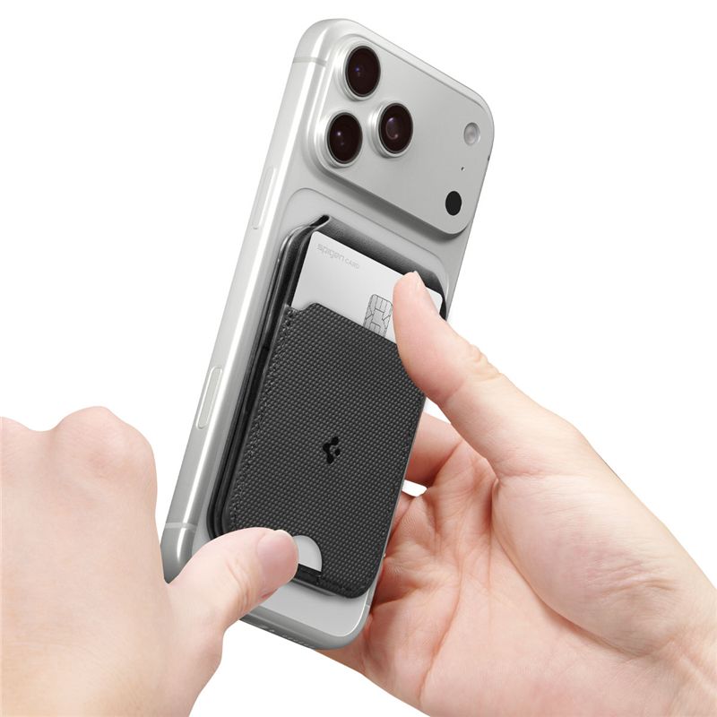 Suport universal card pentru telefon Spigen Slim Fold Tripod Wallet 3 Card, Phone Stand, MagSafe, Negru